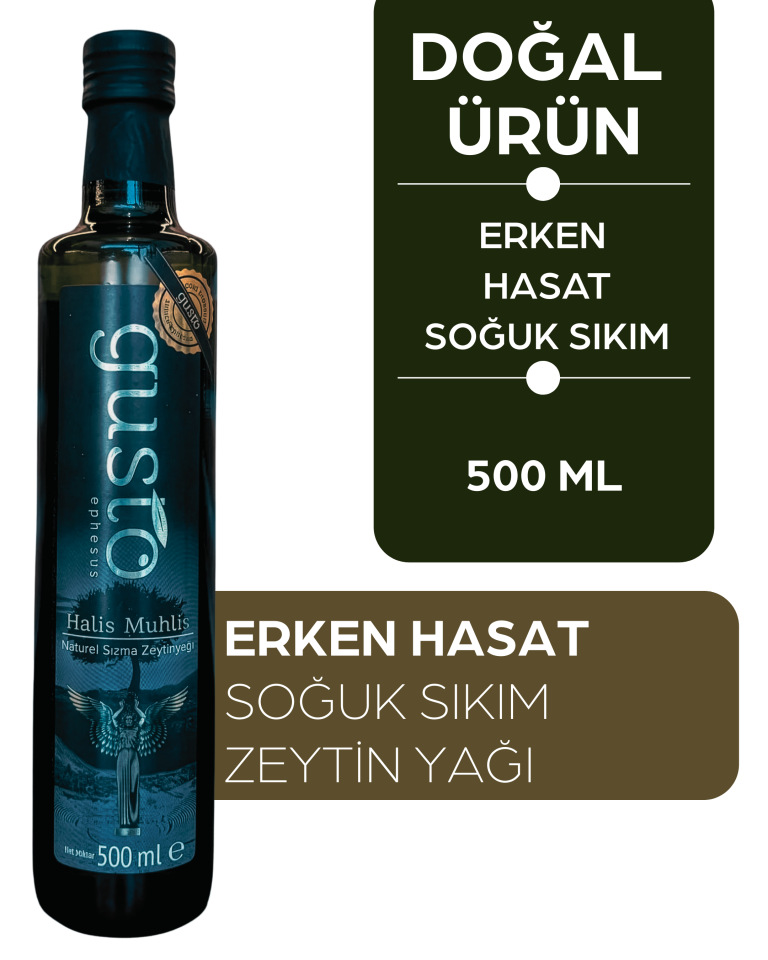 Gusto Ephesus %100 Doğal Erken Hasat Soğuk Sıkım Zeytinyağı – 500 ml Cam Şişe | Ege Naturel Sızma