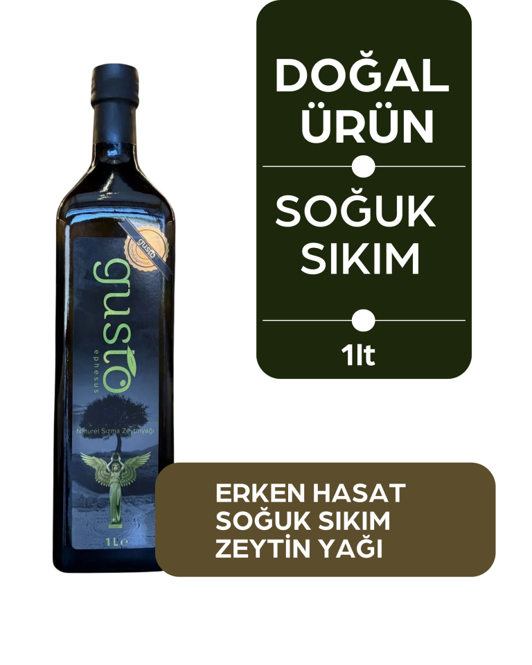 Gusto Ephesus %100 Doğal Erken Hasat Soğuk Sıkım Zeytinyağı – 1 Litre Cam Şişe | Ege Naturel Sızma