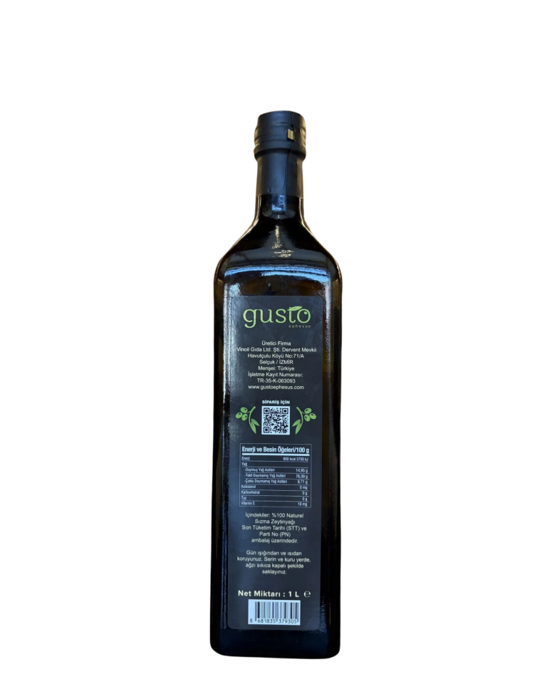 Gusto Ephesus %100 Doğal Erken Hasat Soğuk Sıkım Zeytinyağı – 1 Litre Cam Şişe | Ege Naturel Sızma