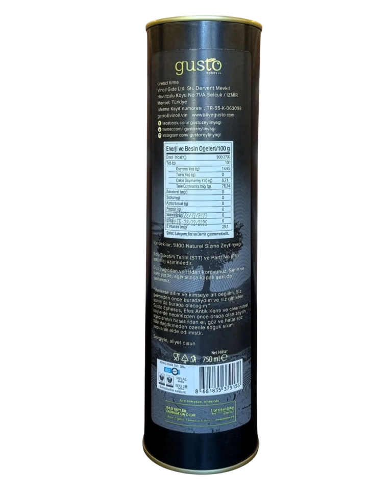 Gusto Ephesus %100 Doğal Erken Hasat Soğuk Sıkım Zeytinyağı – 750 ml | Ege Naturel Sızma