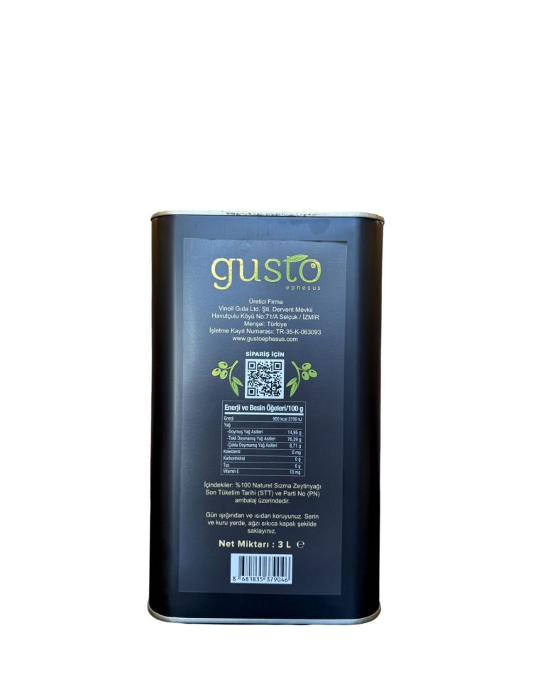 Gusto Ephesus %100 Doğal Soğuk Sıkım Zeytinyağı – 3 Litre | Ege Naturel Sızma