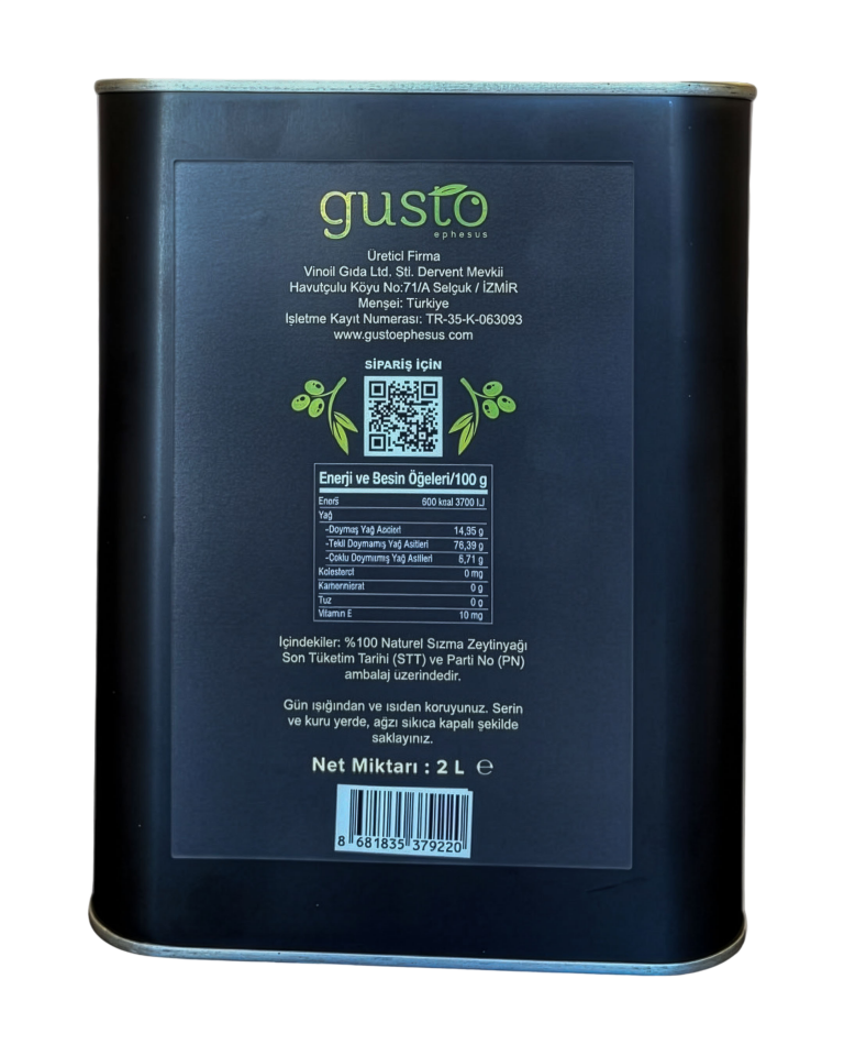 Gusto Ephesus %100 Doğal Erken Hasat Soğuk Sıkım Zeytinyağı – 2 Litre | Ege Naturel Sızma