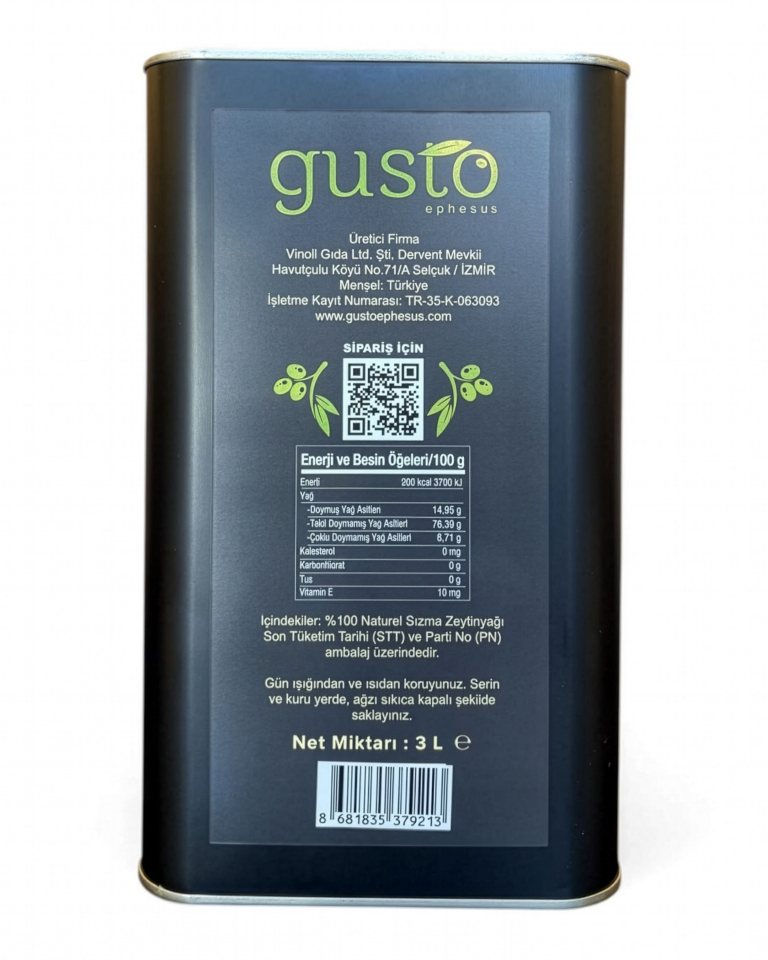 Gusto Ephesus %100 Doğal Erken Hasat Soğuk Sıkım Zeytinyağı – 3 Litre | Ege Naturel Sızma