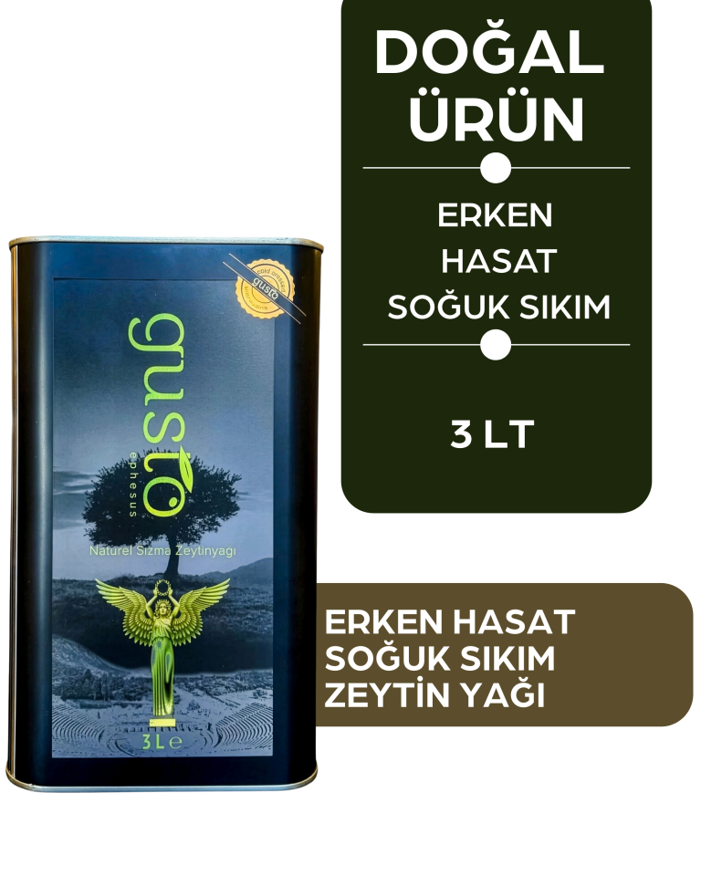 Gusto Ephesus %100 Doğal Erken Hasat Soğuk Sıkım Zeytinyağı – 3 Litre | Ege Naturel Sızma