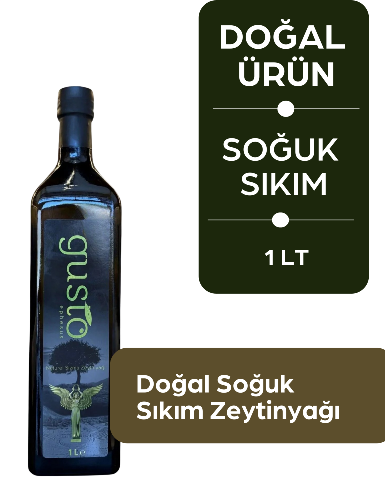 Gusto Ephesus %100 Doğal Soğuk Sıkım Zeytinyağı – 1 Litre Cam Şişe | Ege Naturel Sızma